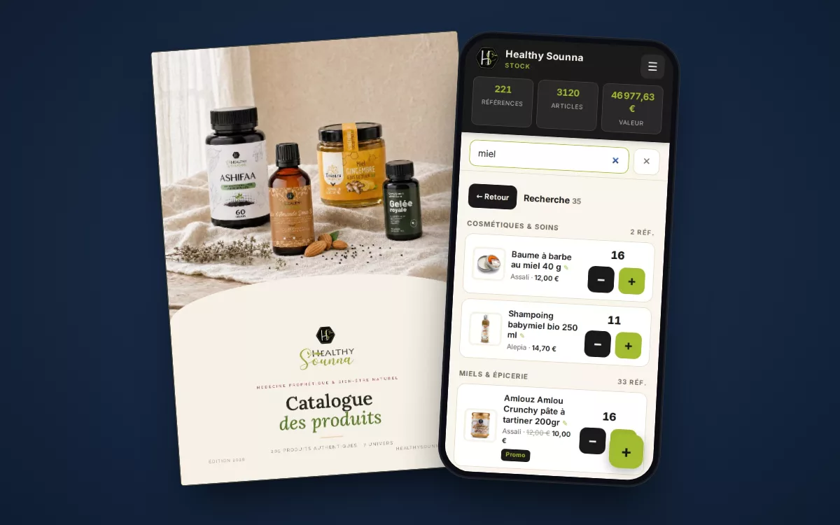 Une page du catalogue Healthy Sounna à côté d'un écran de l'outil de stock, sur fond bleu nuit
