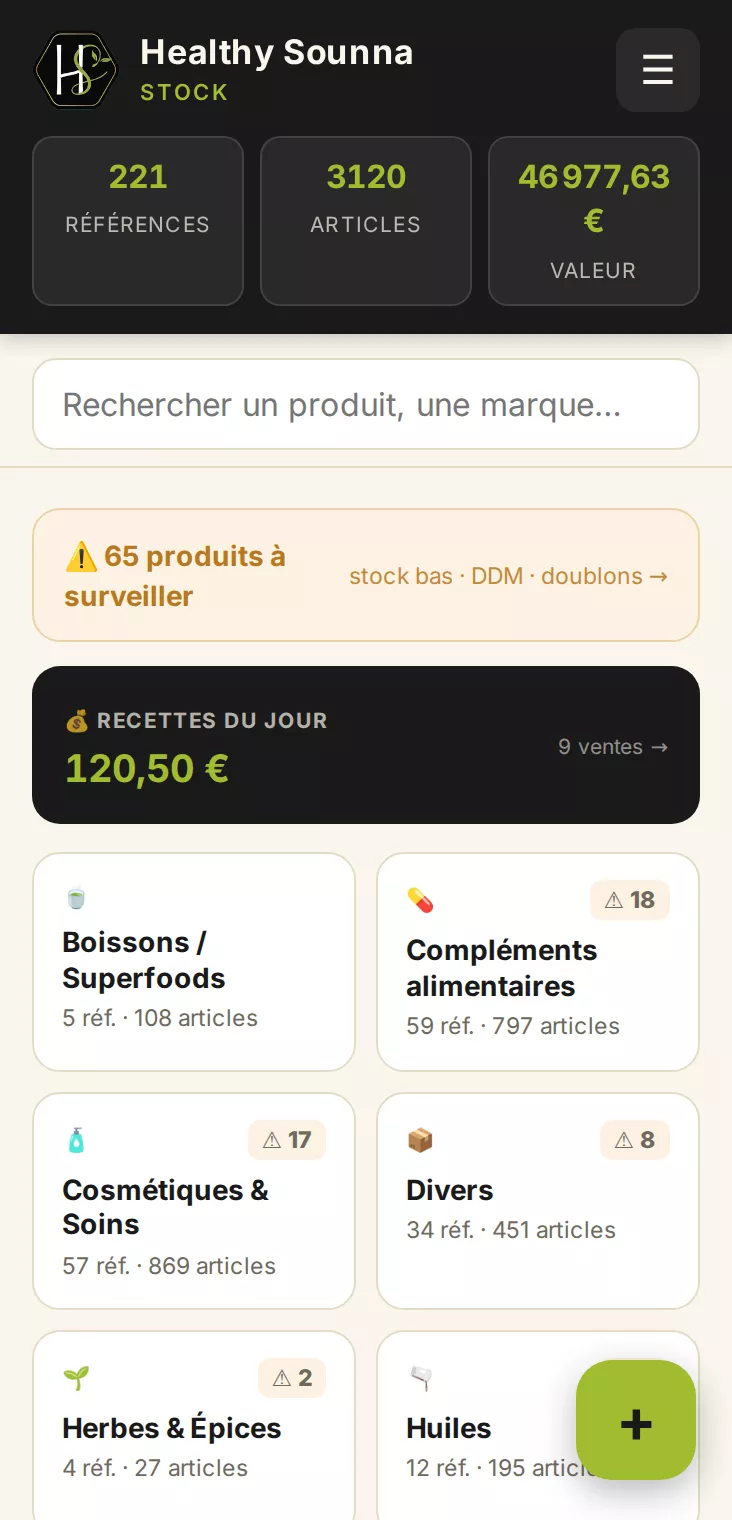 Écran d'accueil de l'outil de stock : le nombre de références, d'articles et la valeur du stock, les recettes du jour et les catégories