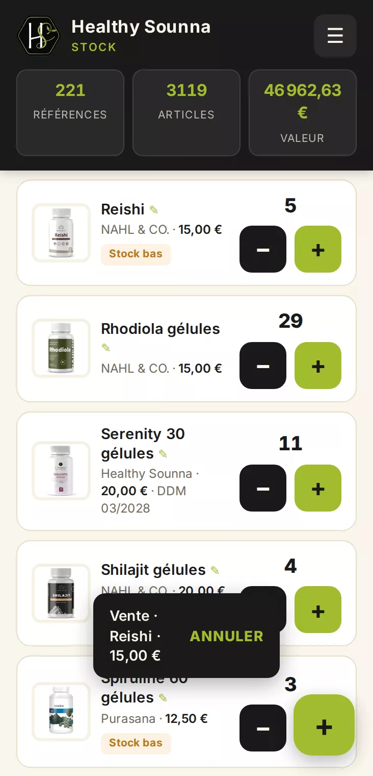Écran d'une catégorie de l'outil de stock : un produit dont le stock vient de descendre à 5, avec son badge de stock bas et la bande qui confirme la vente