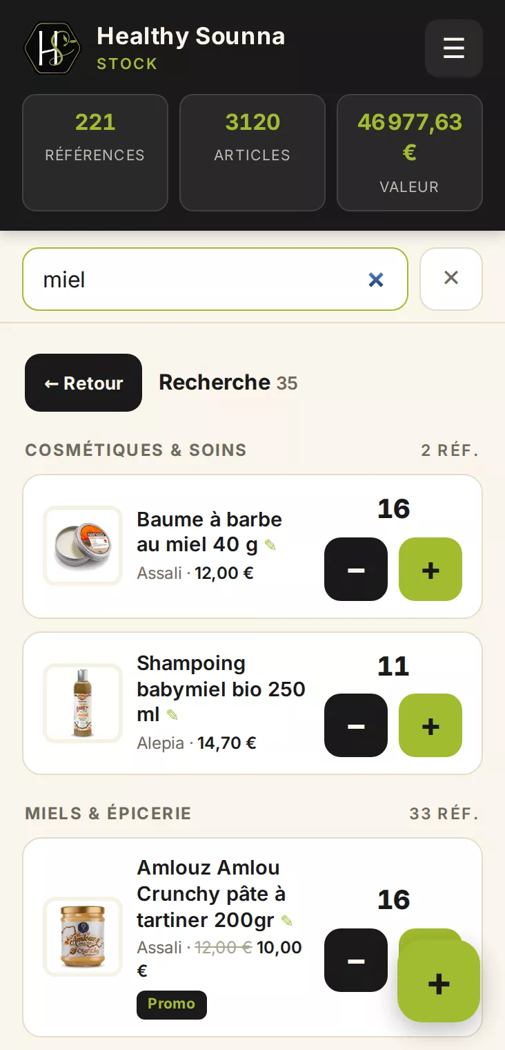 Écran de recherche de l'outil de stock : le mot « miel » saisi, les produits trouvés avec leur photo, leur prix et leurs boutons plus et moins