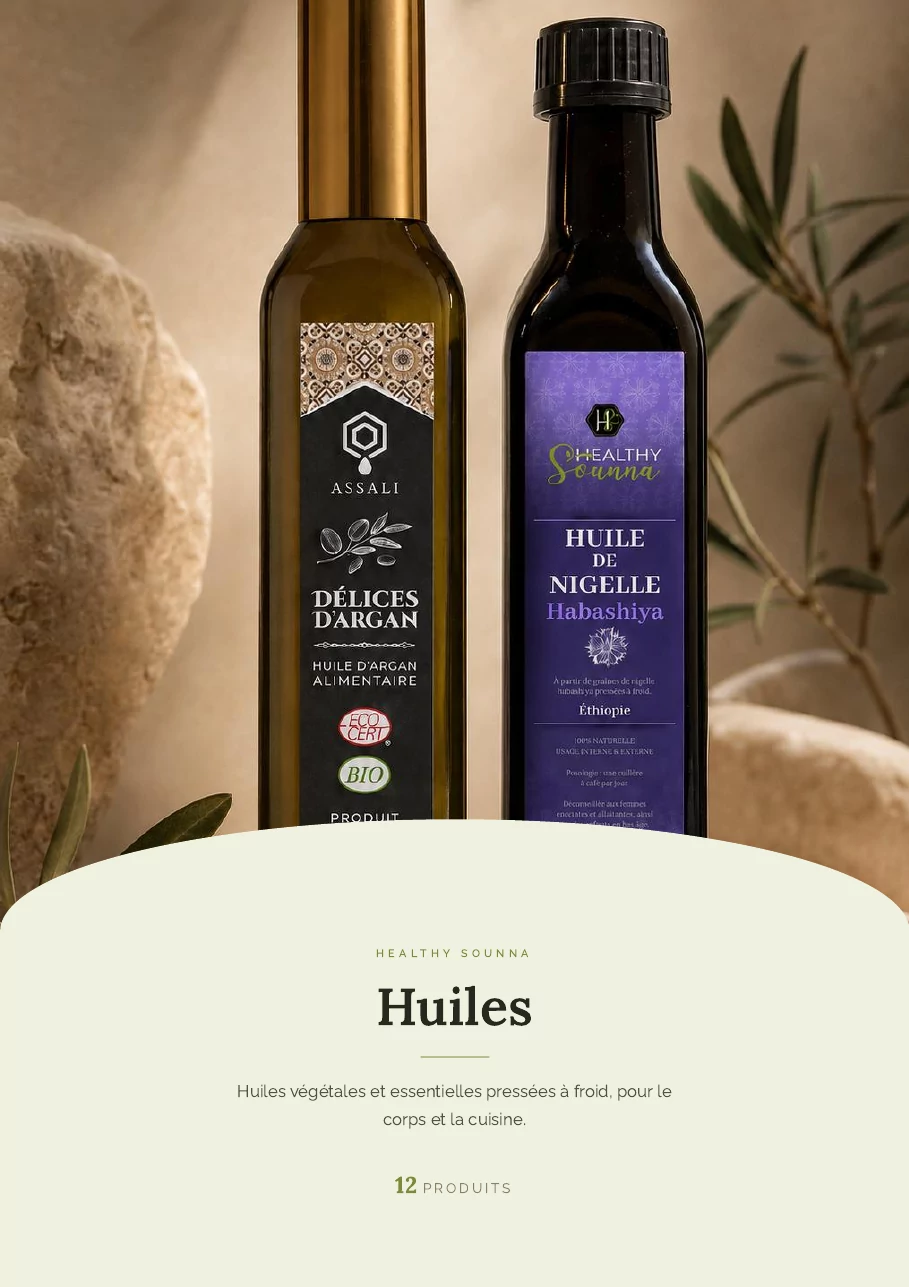 Page d'ouverture de la catégorie Huiles : deux bouteilles d'huile en photo, le titre et le nombre de produits