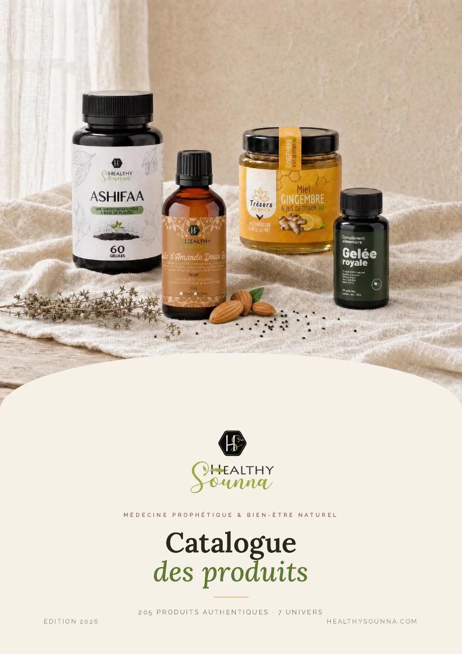 Couverture du catalogue Healthy Sounna : quelques produits sur une étoffe, le logo et le titre « Catalogue des produits »