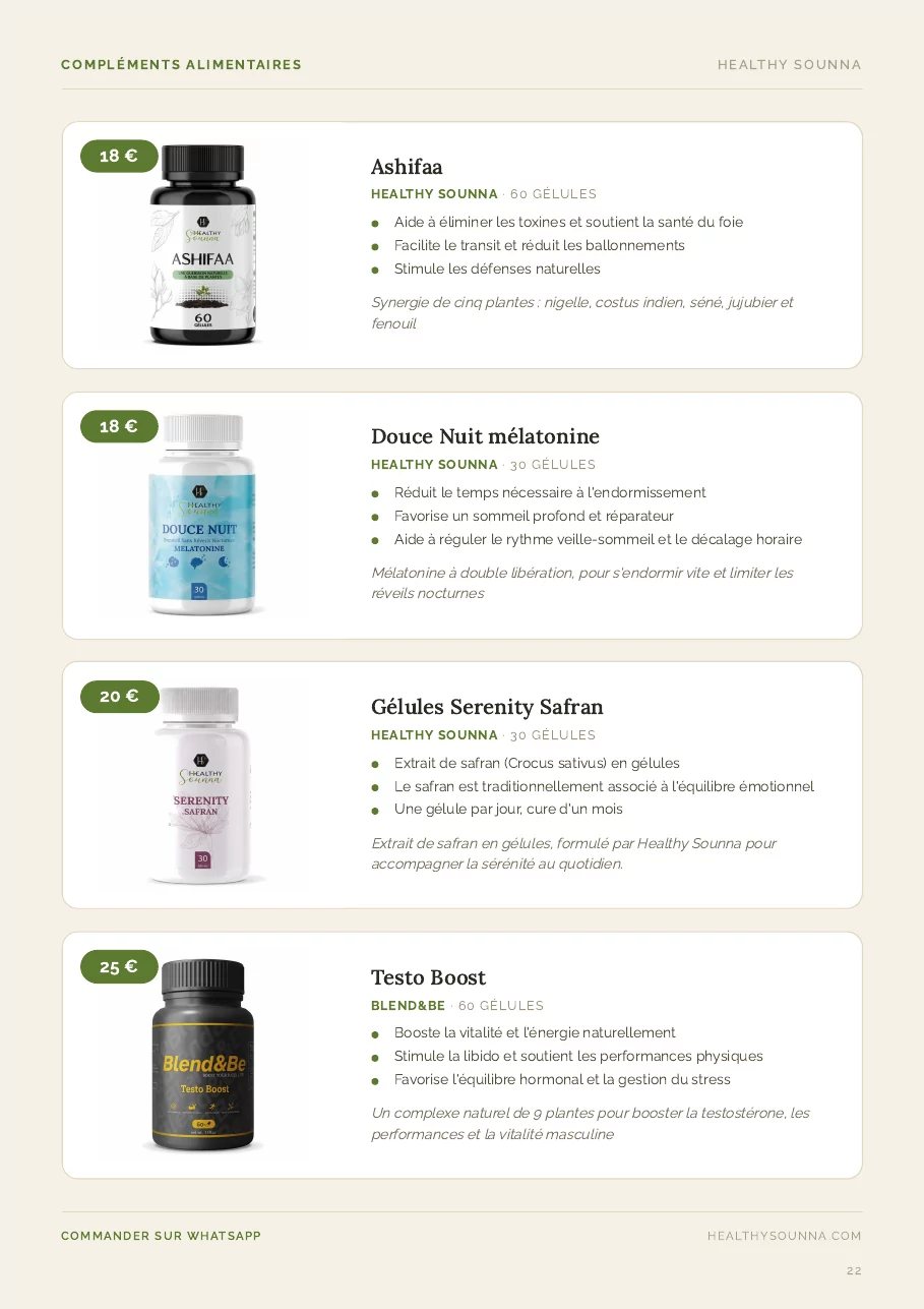 Page de produits du catalogue : quatre compléments alimentaires, chacun avec sa photo, son prix, trois bénéfices et une courte description