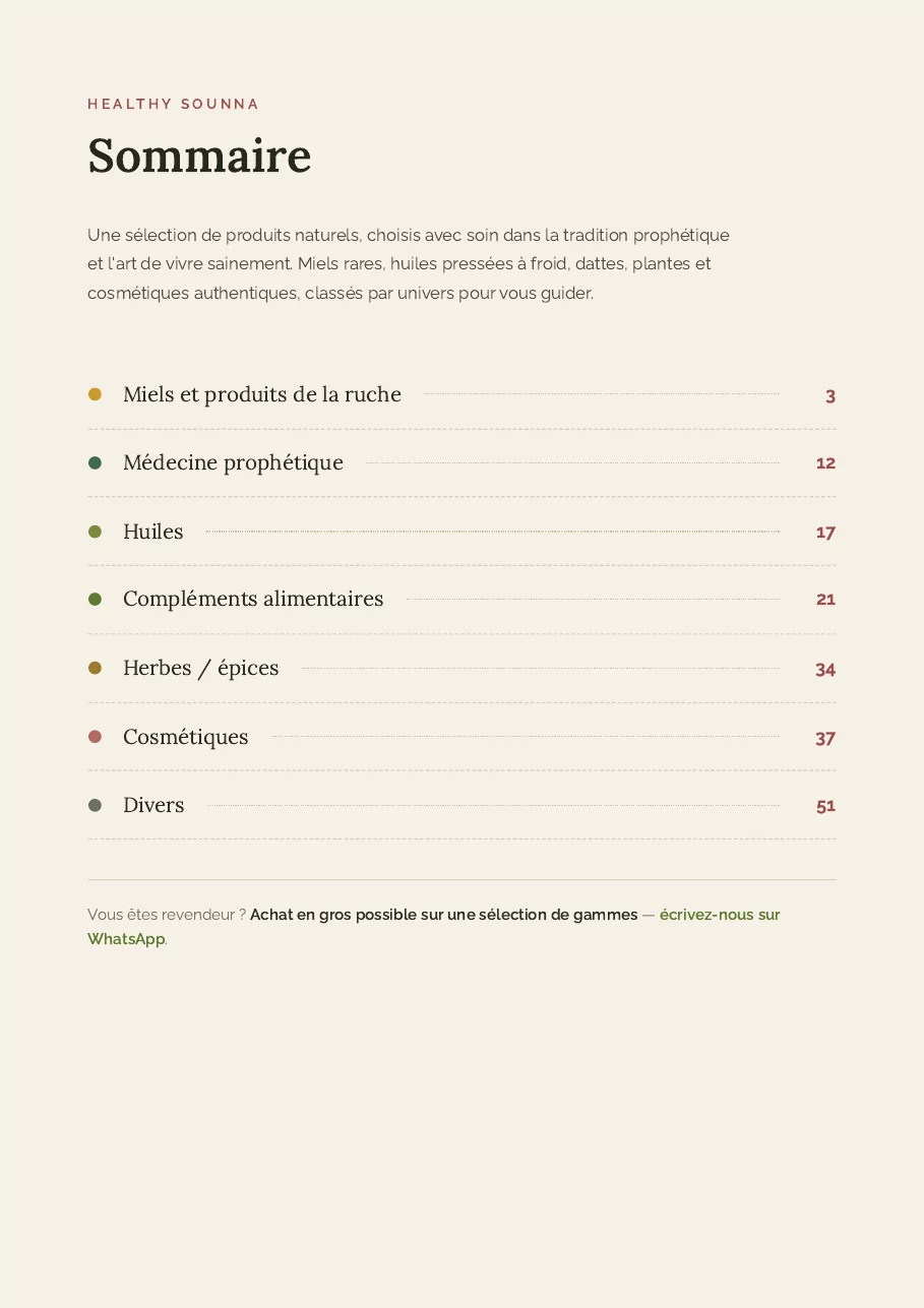 Page de sommaire du catalogue : la liste des sept univers de produits, chacun avec son numéro de page