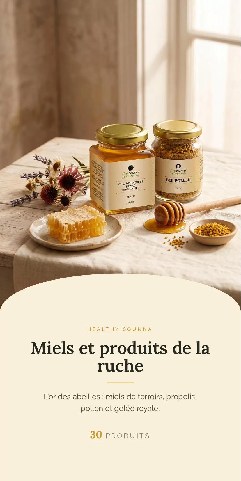 Version pour téléphone du catalogue : page d'ouverture de la catégorie Miels et produits de la ruche