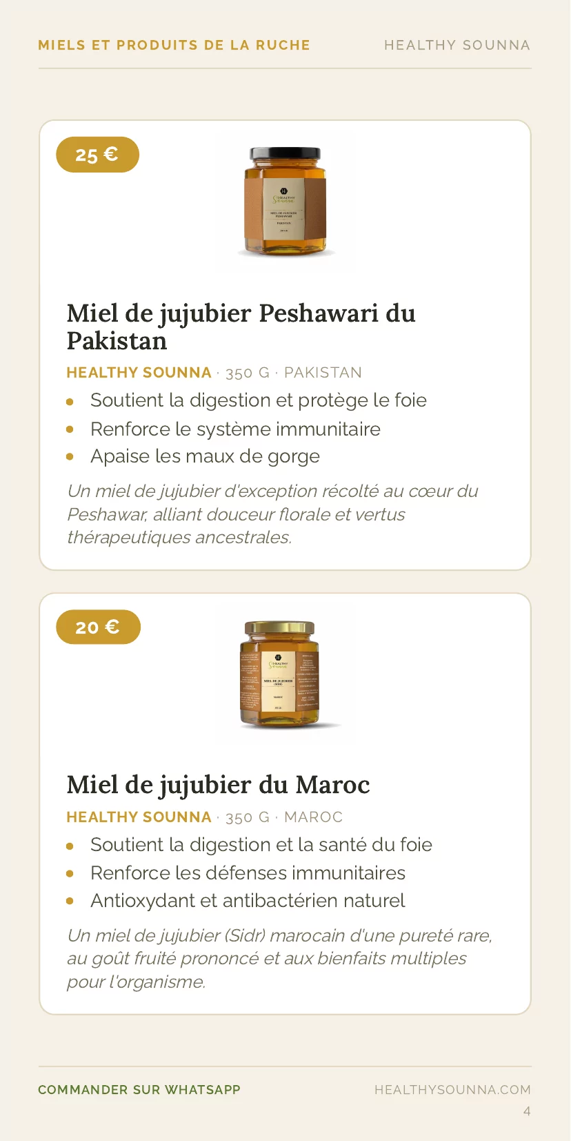 Version pour téléphone du catalogue : deux miels de jujubier avec leur photo, leur prix et leurs bénéfices